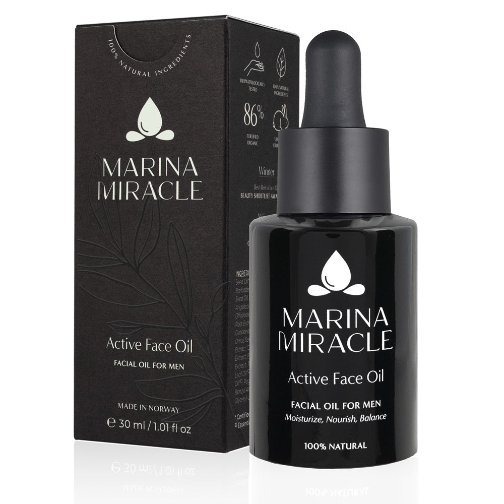 Marina Miracle Active face oil er en økologisk ansiktolje for menn og herrer som erstatter ansiktkrem.