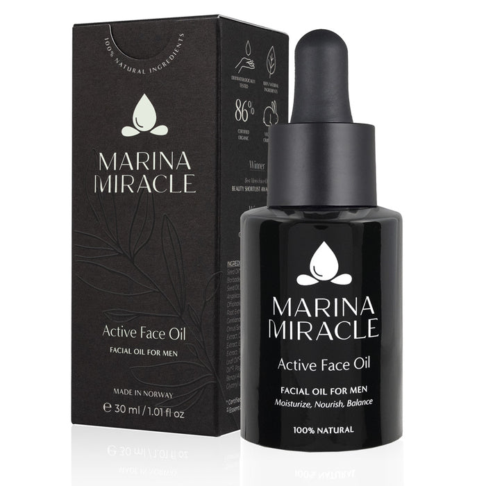 Marina Miracle Active face oil er en økologisk ansiktolje for menn og herrer som erstatter ansiktkrem.