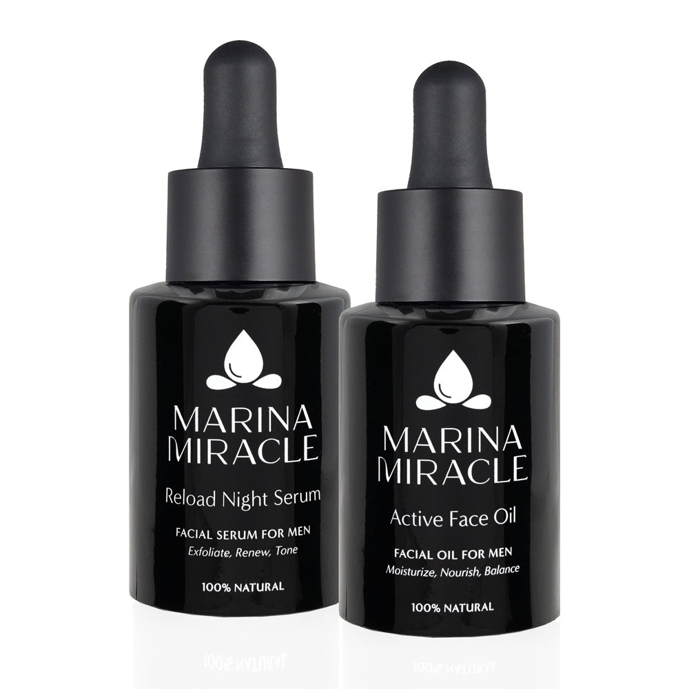pakkeløsning med marina miracle ansiktsolje og nattserum for menn og herrer. En økologisk hudpleiepakke.