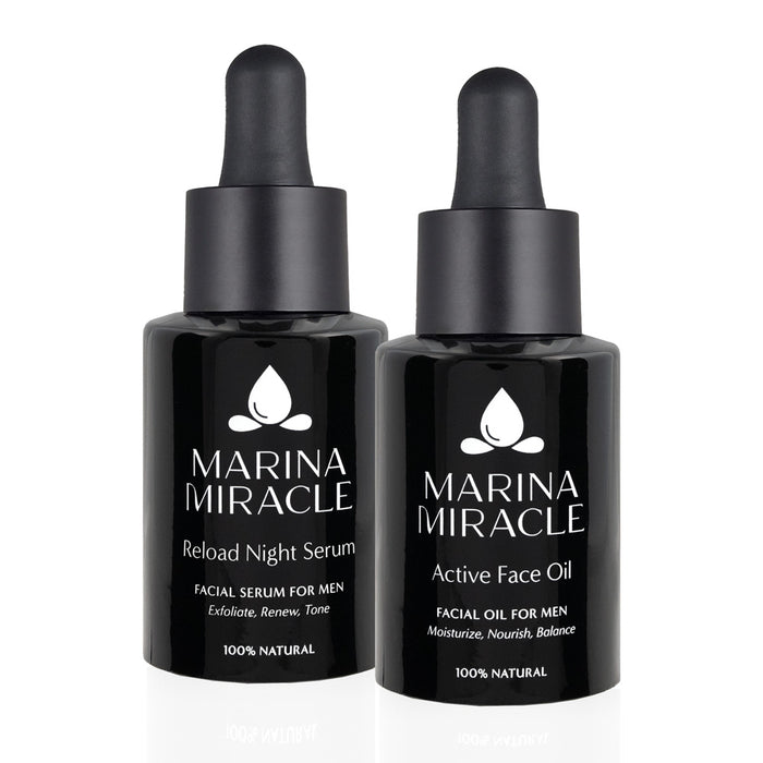 pakkeløsning med marina miracle ansiktsolje og nattserum for menn og herrer. En økologisk hudpleiepakke.
