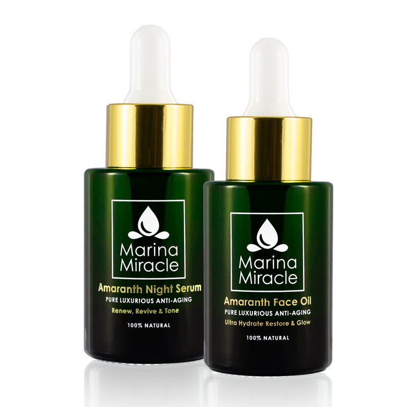 Amaranth Night Serum og Amaranth Face Oil er en hudpleiepakke med økologiske ansiktsoljer og serum for moden hud.