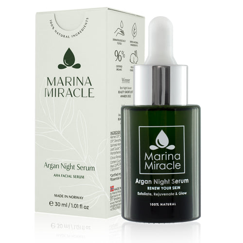 Argan Night Serum in 28 ml glass bottle with dropper in green box