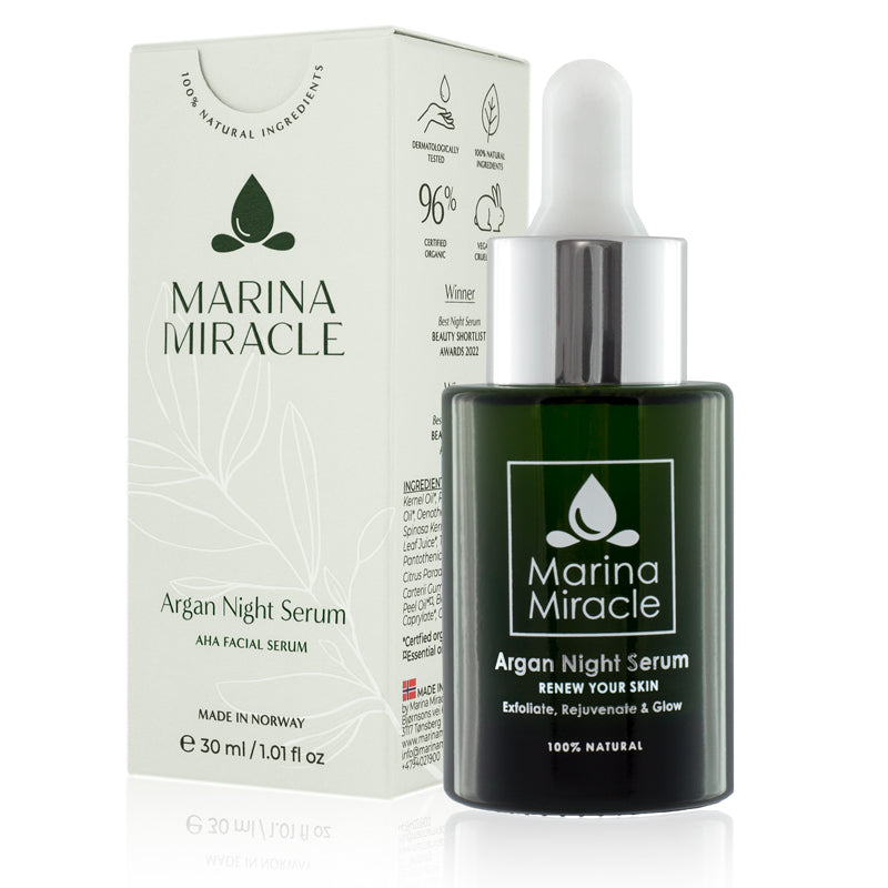 Argan Night Serum er en økologisk og naturlig nattserum med AHA fruktsyre som hjelper ingrediensen og oljene til å gå dypt i huden.