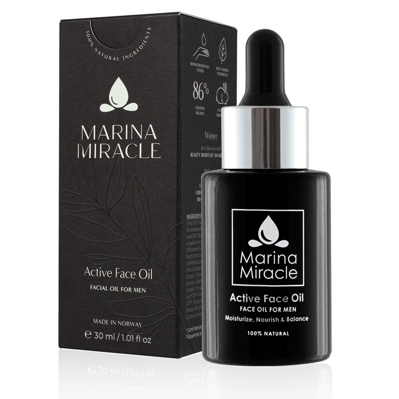 Marina Miracle Active face oil er en økologisk ansiktolje for menn og herrer som erstatter ansiktkrem. 